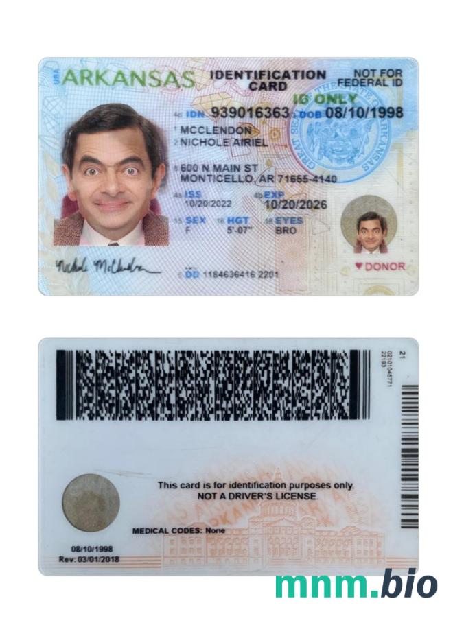 Przykład karty identyfikacyjnej stanu Arkansas (USA) w formacie PSD, w pełni edytowalny